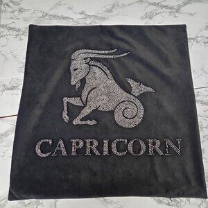 Capricorn Black Velvet Beaded Rhinestone Zipper Decorative Throw Pillow Cover